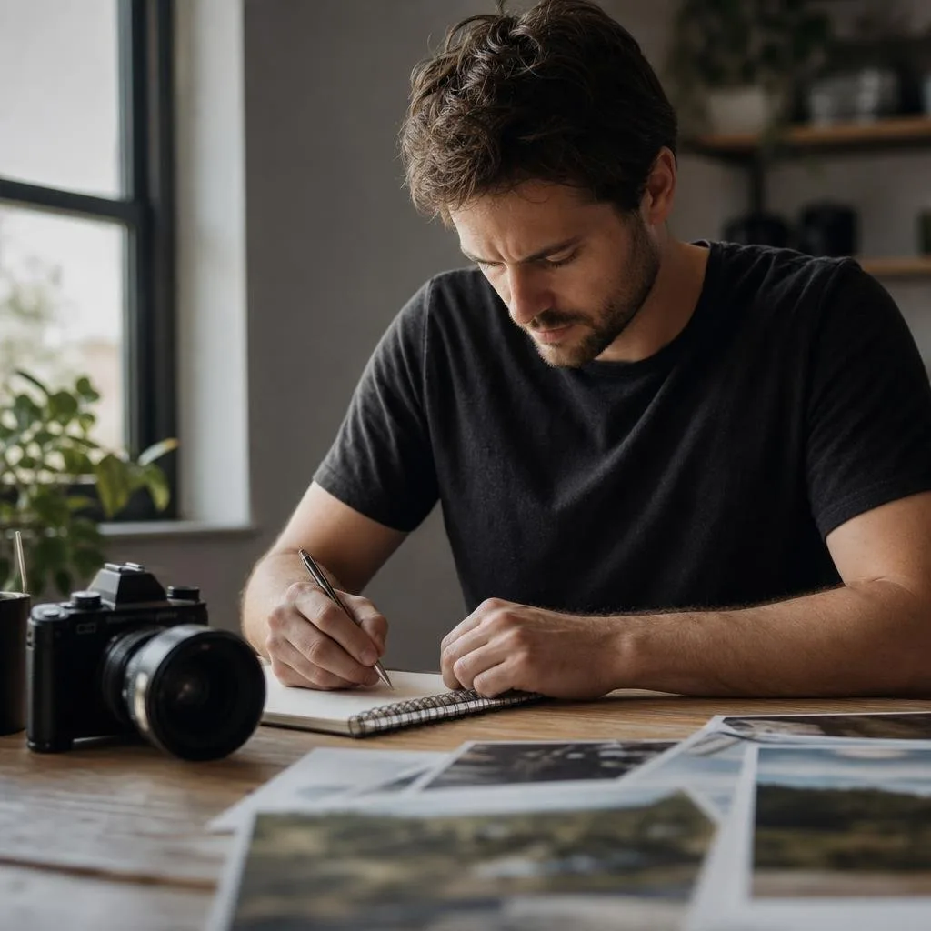 Photographer reviewing frames on a laptop beside a camera and lenses