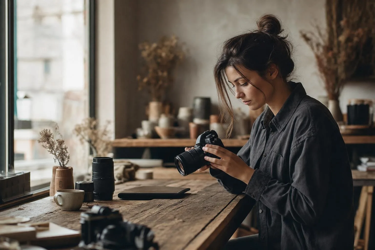 Photographer framing a scene with a mirrorless camera at golden hour